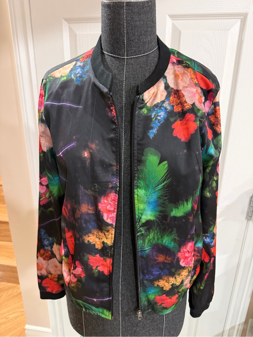 JustFab Black Floral-Print Bomber Jacket with Multicolor Accents
